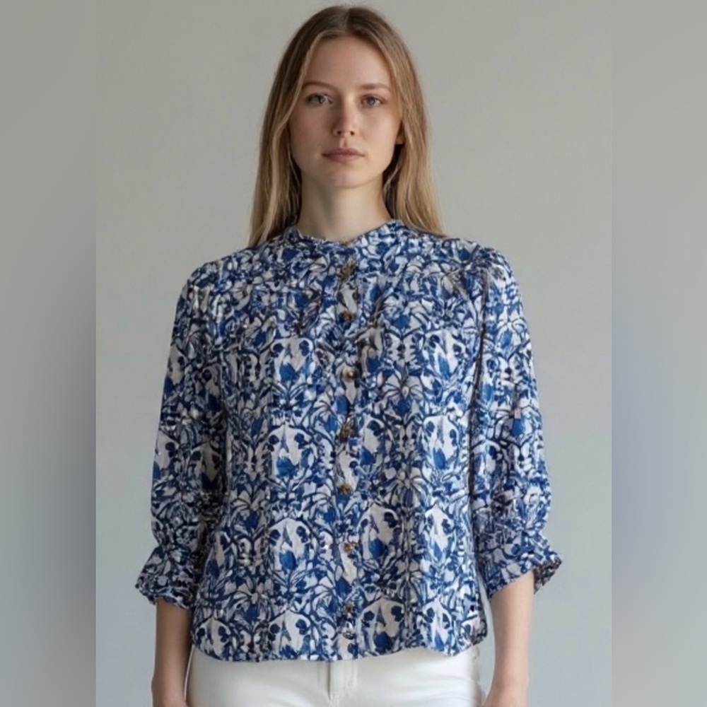 Maeve Anthropologie Cockatoo Bird Button Front Cropped Blouse Blue white XS EUC